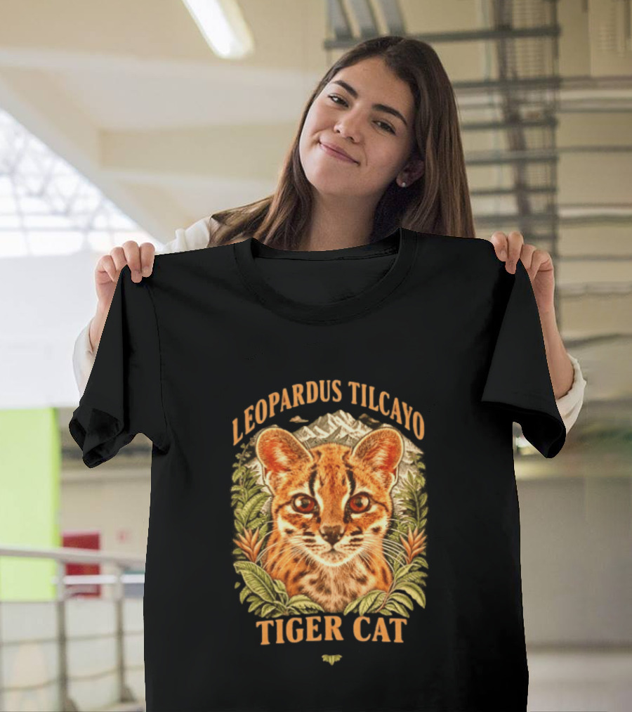 Leopardus Tilcayo Tiger Cat Wildlife Art With Foliage And Mountain T-Shirt