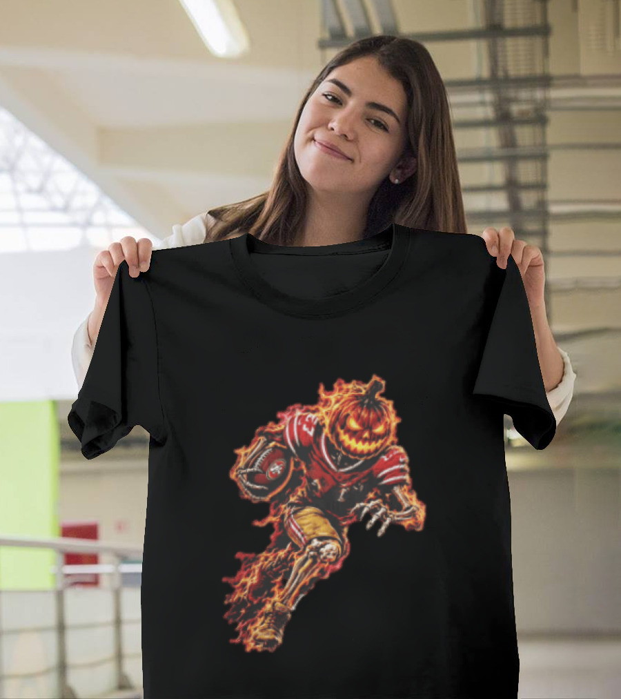 San Francisco 49ers Halloween Fiery Pumpkin Head Skeleton Football Player T-Shirt