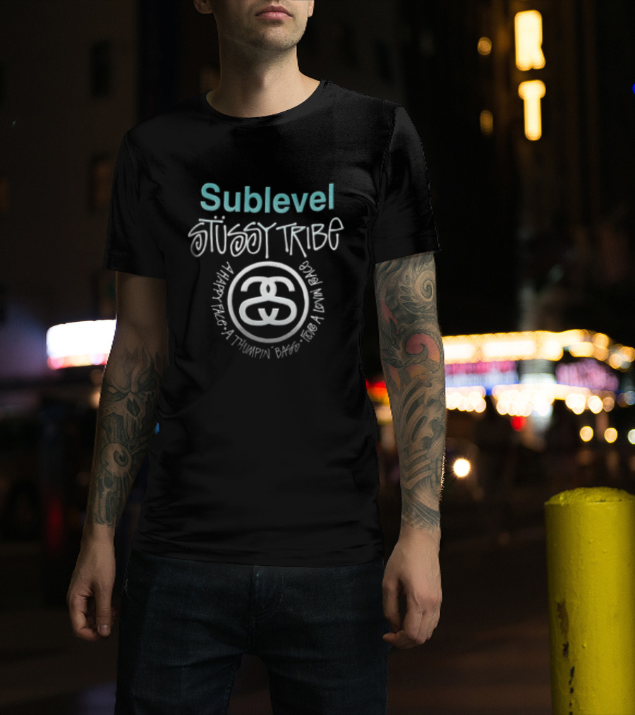 Stussy Sublevel Tribe A Happy Face Thumpin Bass For Lovin Race Interlocking Double S T-Shirt