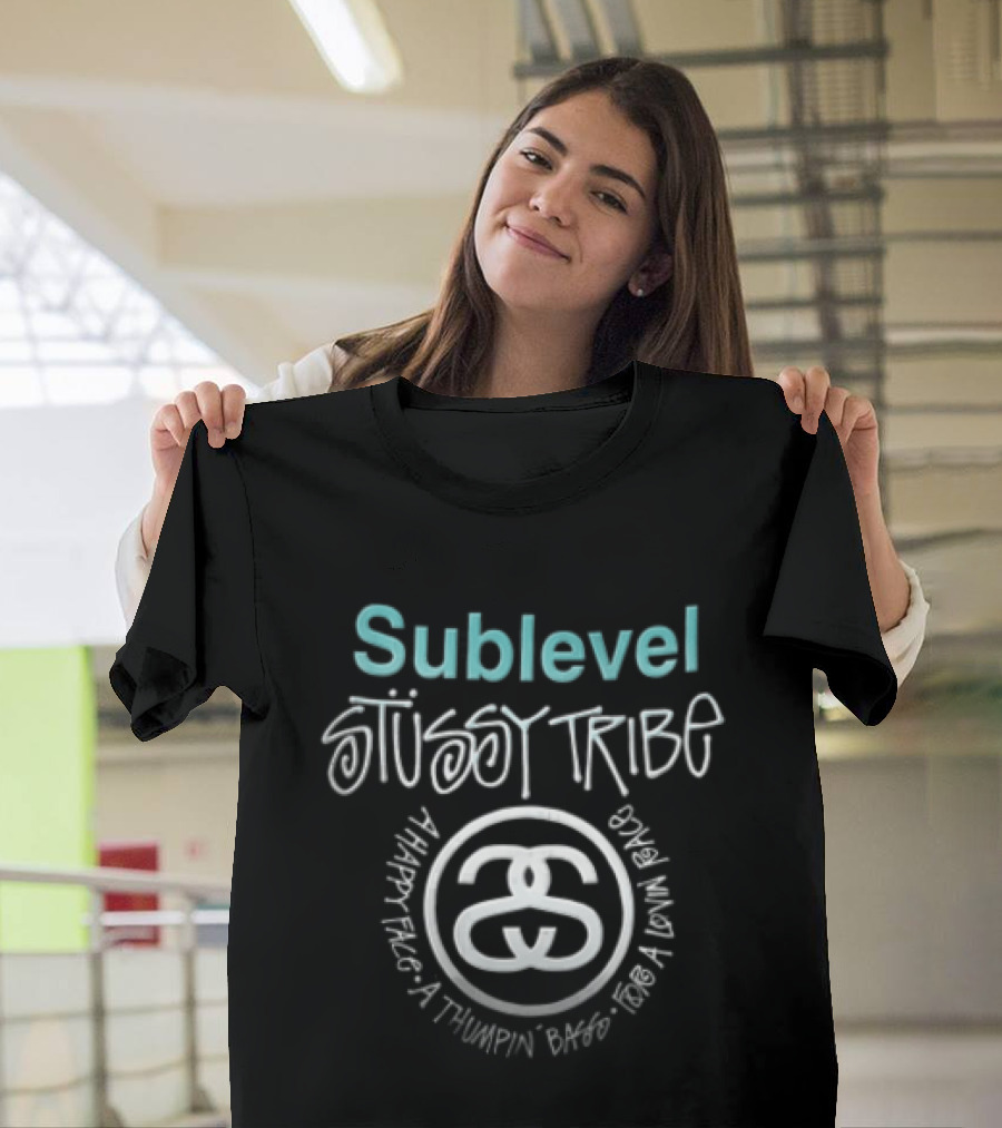 Stussy Sublevel Tribe A Happy Face Thumpin Bass For Lovin Race Interlocking Double S T-Shirt