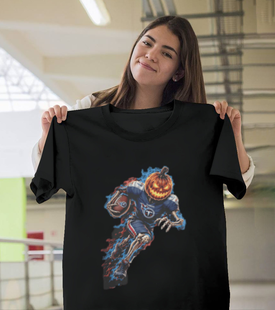 Tennessee Titans Pumpkin Head Skeleton Football Player Blue Flames Halloween NFL T-Shirt