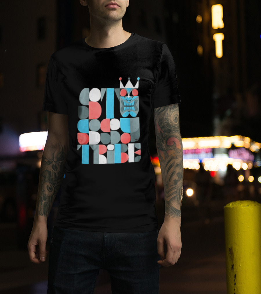 Tribe Crowned Tiki Mask Geometric Color Block T-Shirt