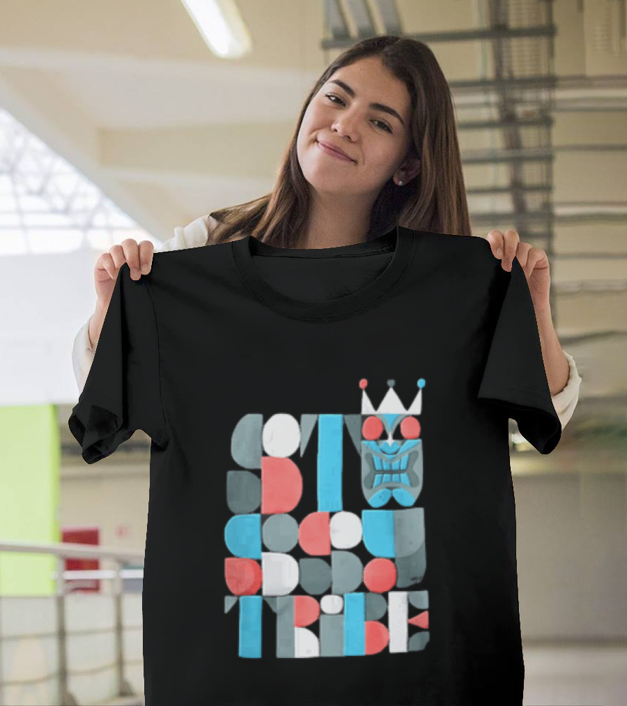 Tribe Crowned Tiki Mask Geometric Color Block T-Shirt