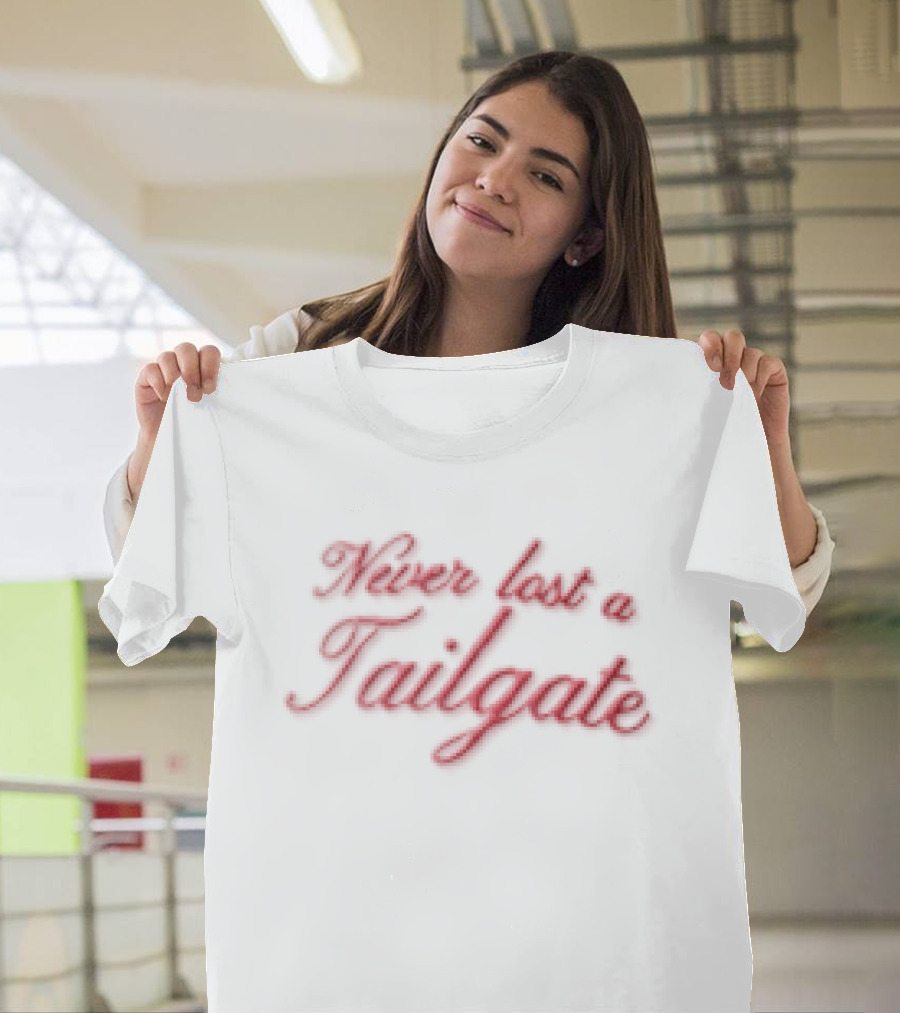 Never Lost A Tailgate Red Cursive Script Visor T-Shirt