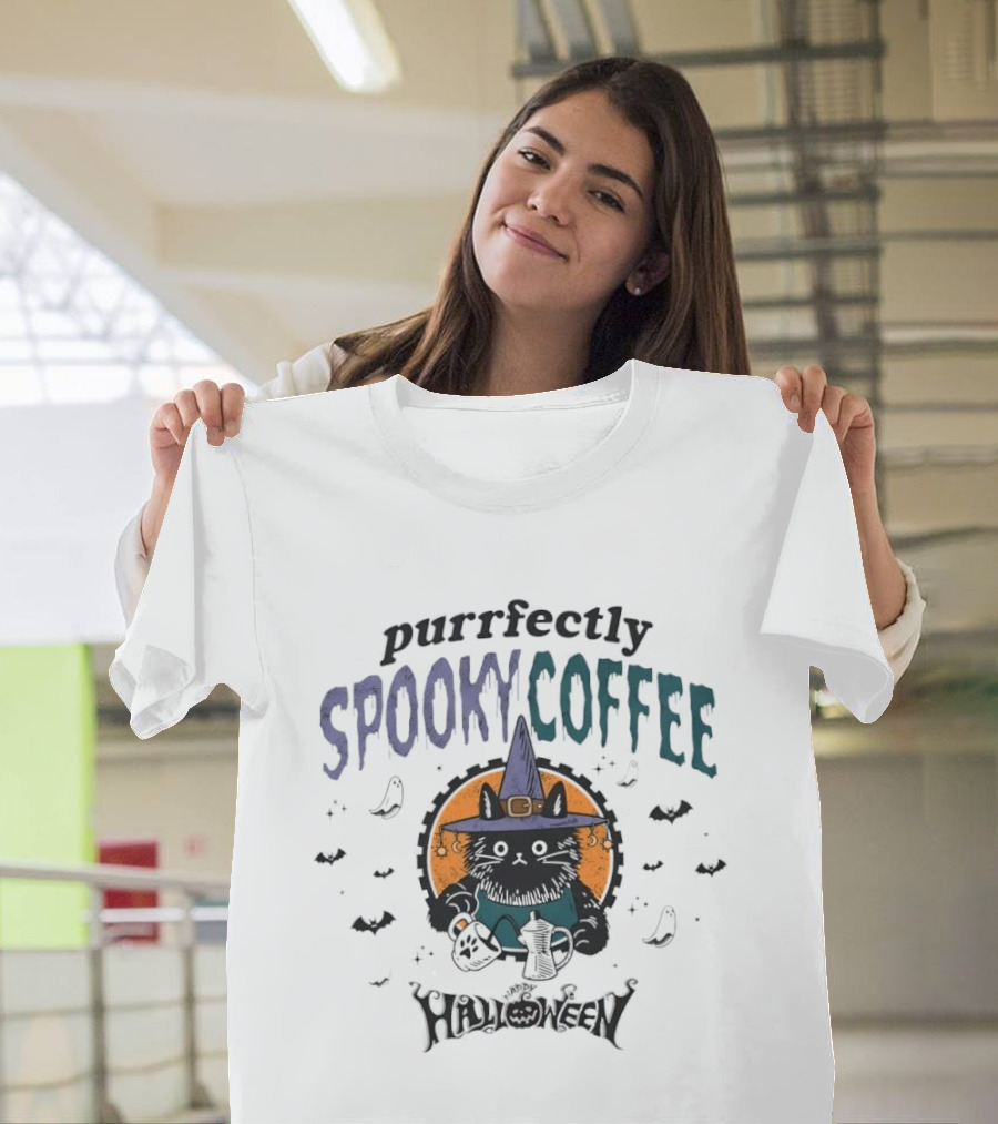 Purrfectly Spooky Coffee Witch Cat Halloween T-Shirt