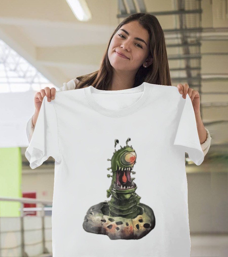 Cartoon Monstrous One Eyed Green Creature Emerging From Ground Hole T-Shirt