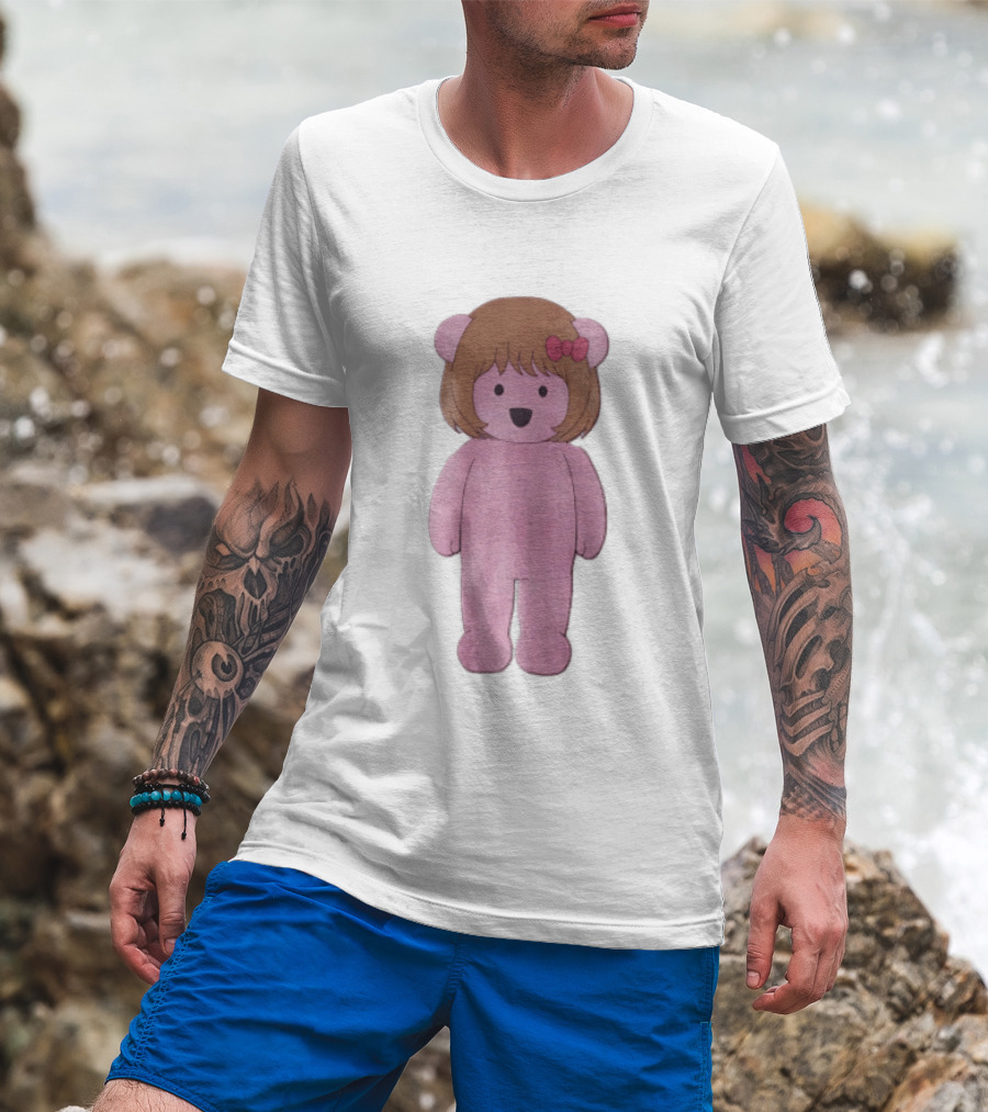 Cartoon Pink Bear With Brown Bob Haircut And Red Ribbon Bow T-Shirt
