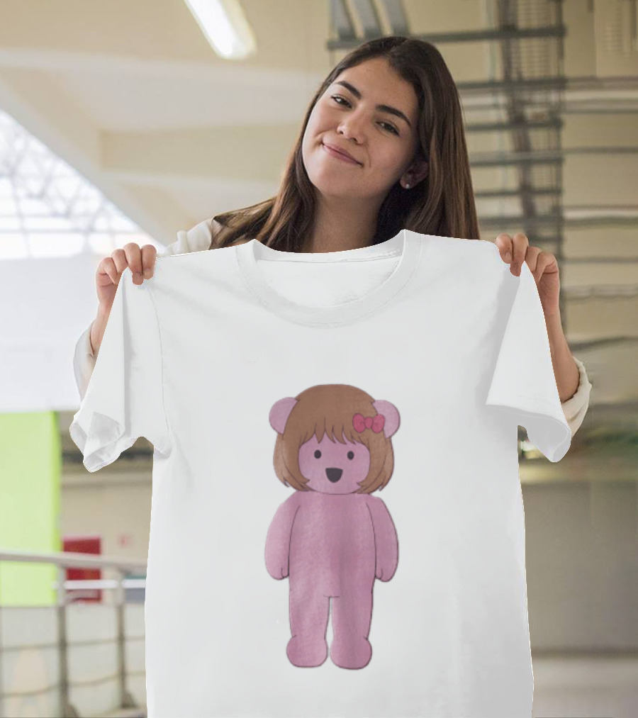 Cartoon Pink Bear With Brown Bob Haircut And Red Ribbon Bow T-Shirt