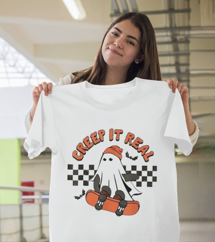 Creep It Real Ghost Skateboard Halloween T-Shirt