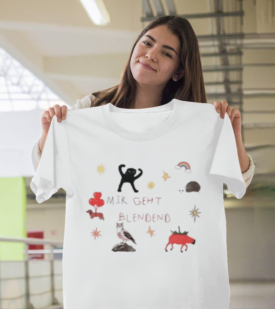 Mir Geht Es Blendend Cat Snail Strawberry Pig With Rainbow And Sun Doodles T-Shirt