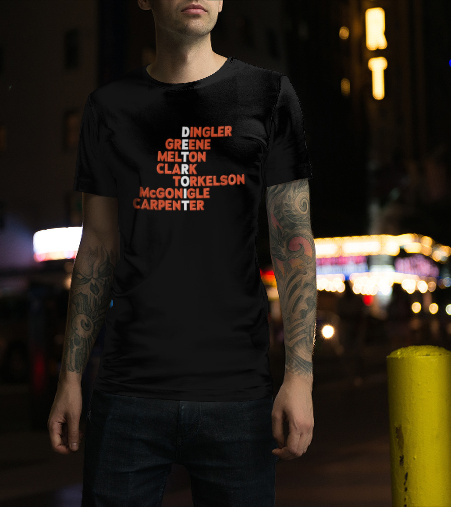 Detroit Tigers Dingler Greene Melton Clark Spencer Torkelson Mcgonigle Carpenter Names Vertical Arrangement T-Shirt