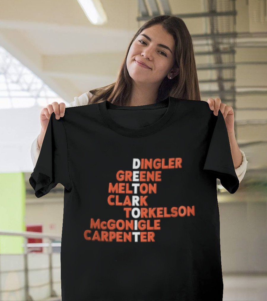 Detroit Tigers Dingler Greene Melton Clark Spencer Torkelson Mcgonigle Carpenter Names Vertical Arrangement T-Shirt