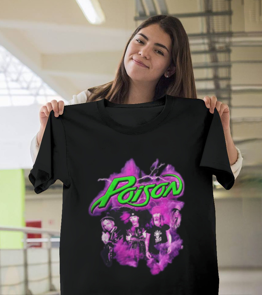 Poison Band Members Graphic With Neon Green Logo And Purple Aura T-Shirt