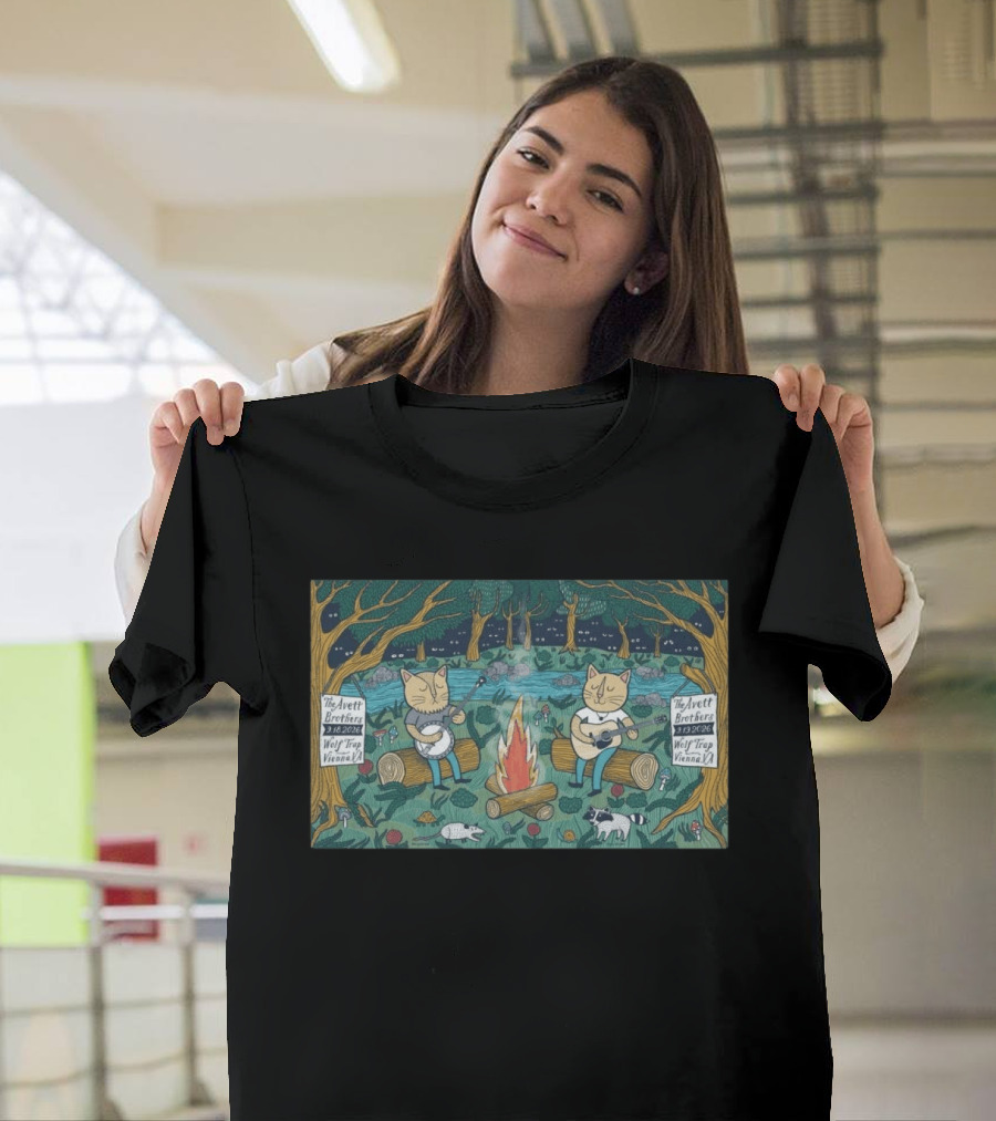 The Avett Brothers Wolf Trap Vienna 2026 Show Cats Playing Instruments Camping Scene T-Shirt