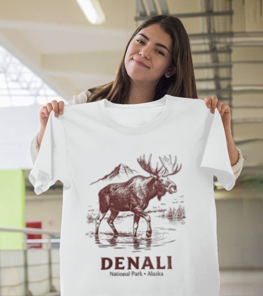 Denali Moose Walking In Water Near Mountain Scenery T-Shirt