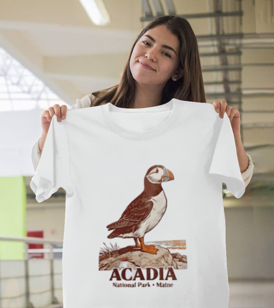Acadia National Park Maine Puffin Standing On Rock T-Shirt