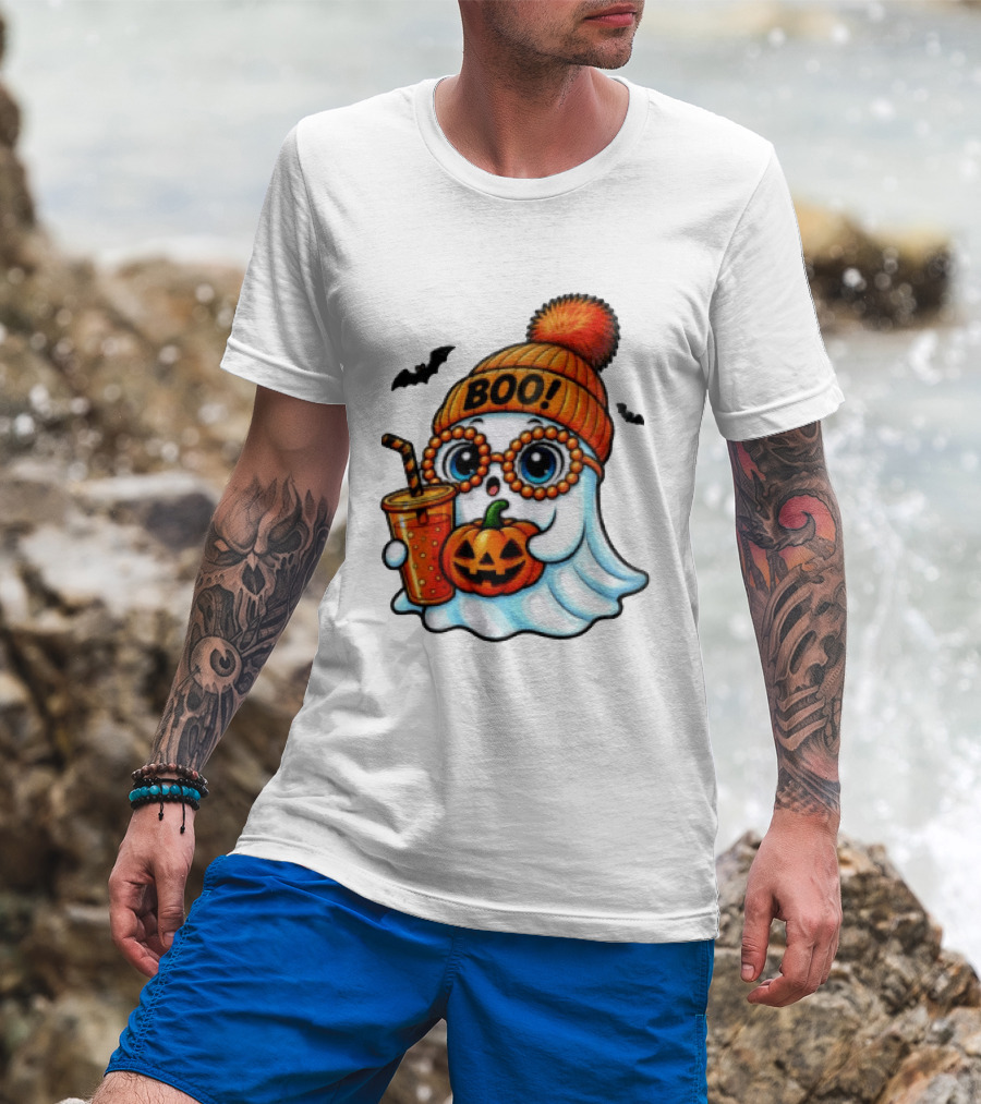BOO Halloween Ghost With Pumpkin And Drink Spooky Fall Vibes T-Shirt