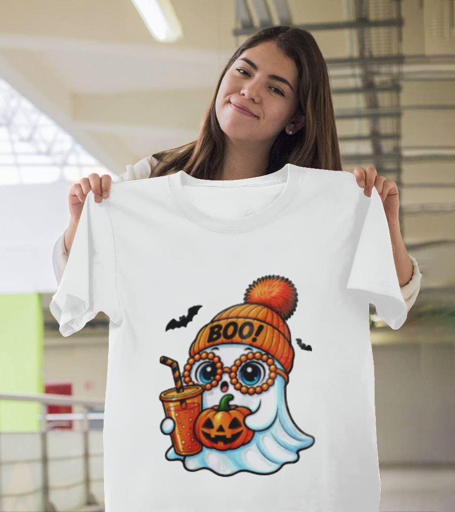 BOO Halloween Ghost With Pumpkin And Drink Spooky Fall Vibes T-Shirt