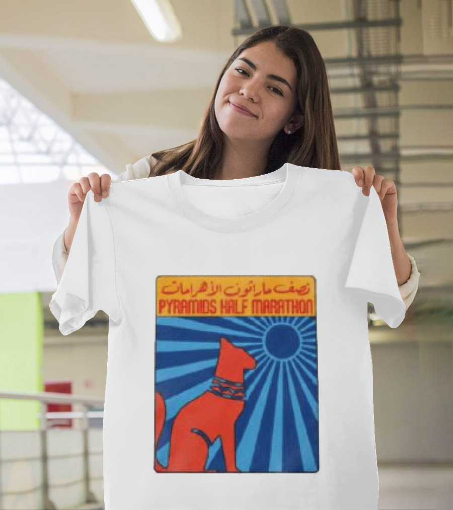 Pyramids Half Marathon Egypt Cat Sunburst Arabic T-Shirt