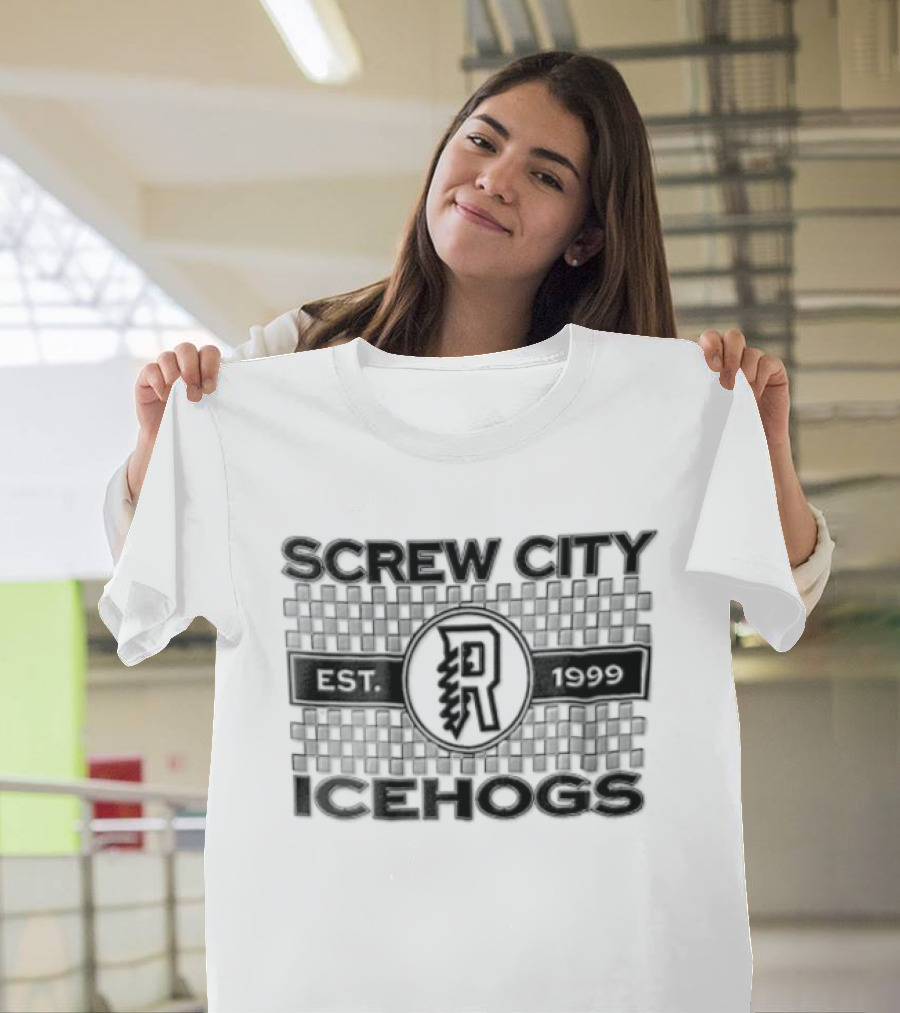 Screw City Rockford IceHogs Letter R 1999 Checkered T-Shirt