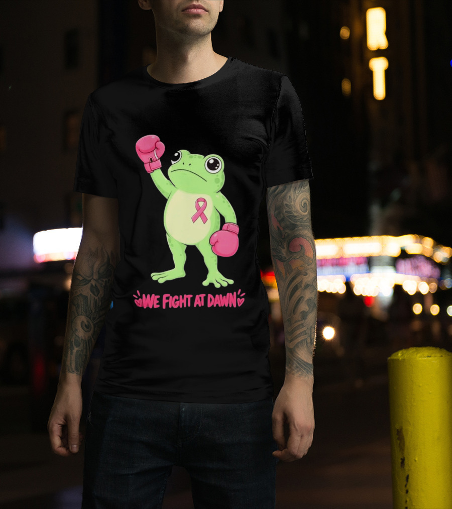 Boxing Frog We Fight At Dawn Breast Cancer Awareness Pink Gloves Ribbon T-Shirt