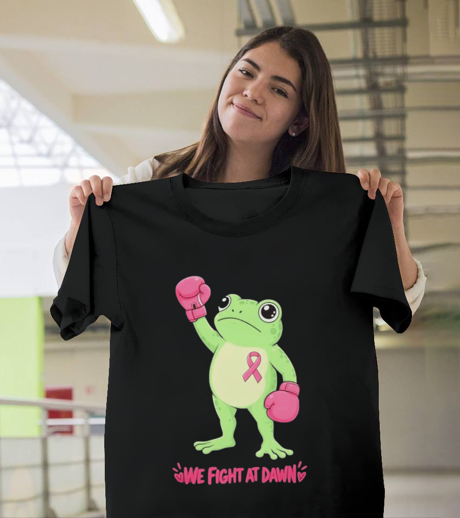 Boxing Frog We Fight At Dawn Breast Cancer Awareness Pink Gloves Ribbon T-Shirt