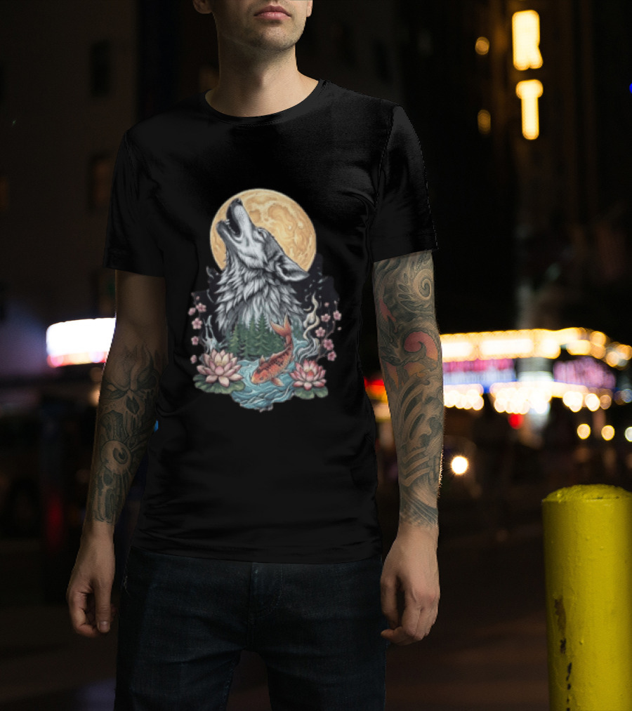 Howling Wolf Full Moon Koi Lotus Blossoms T-Shirt