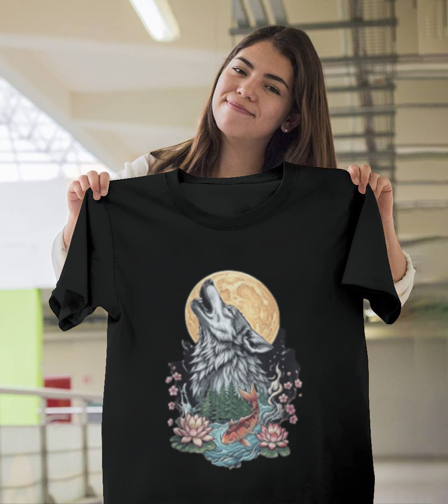 Howling Wolf Full Moon Koi Lotus Blossoms T-Shirt