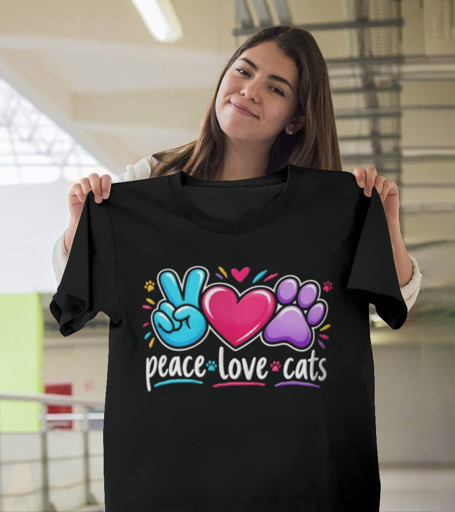 Peace Love Cats Sign Heart Paw Rainbow T-Shirt