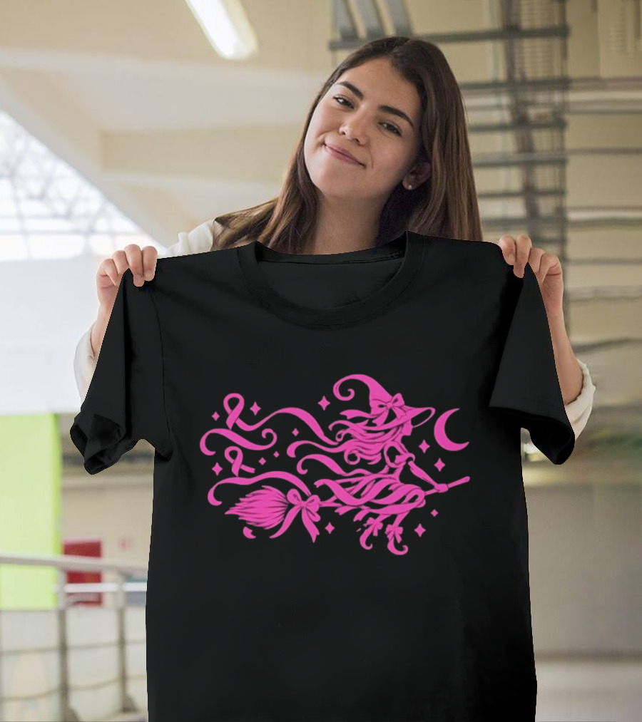 Pink Witch Riding Broom With Breast Cancer Awareness Ribbon T-Shirt