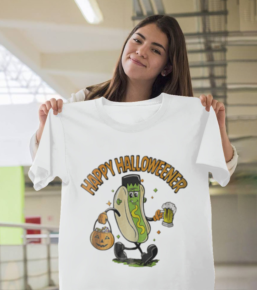 Happy Halloweener Frankenstein Hot Dog With Beer And Pumpkin Bucket T-Shirt