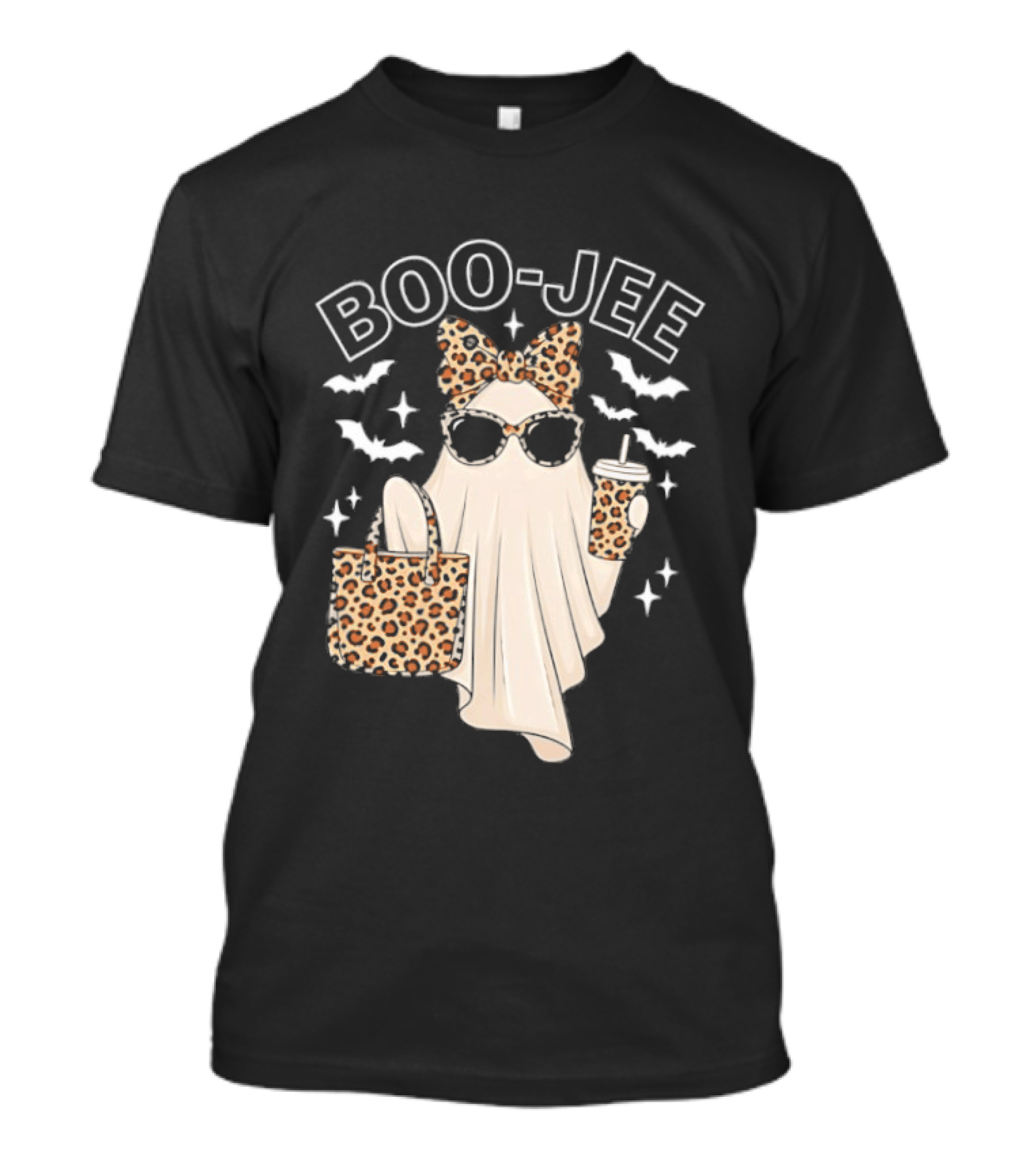 Boo Jee Stylish Ghost With Leopard Print Accessories And Bats T-Shirt