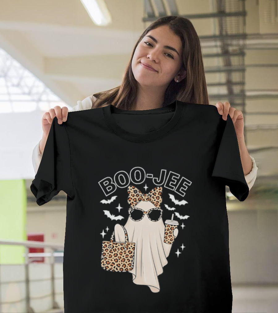 Boo Jee Stylish Ghost With Leopard Print Accessories And Bats T-Shirt
