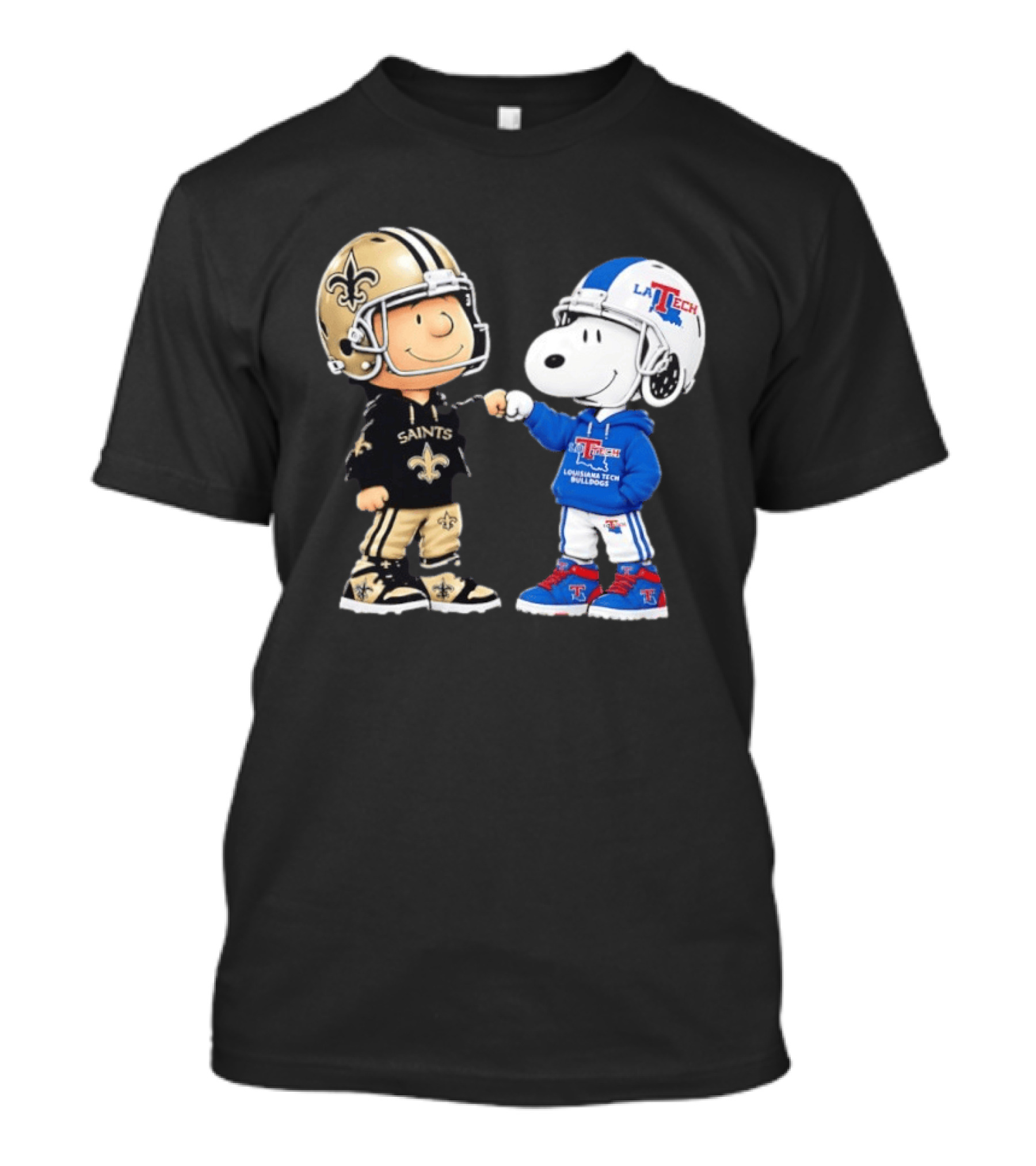 Charlie Brown Saints And Snoopy Louisiana Tech Bulldogs Team Helmet Fist Bump T-Shirt