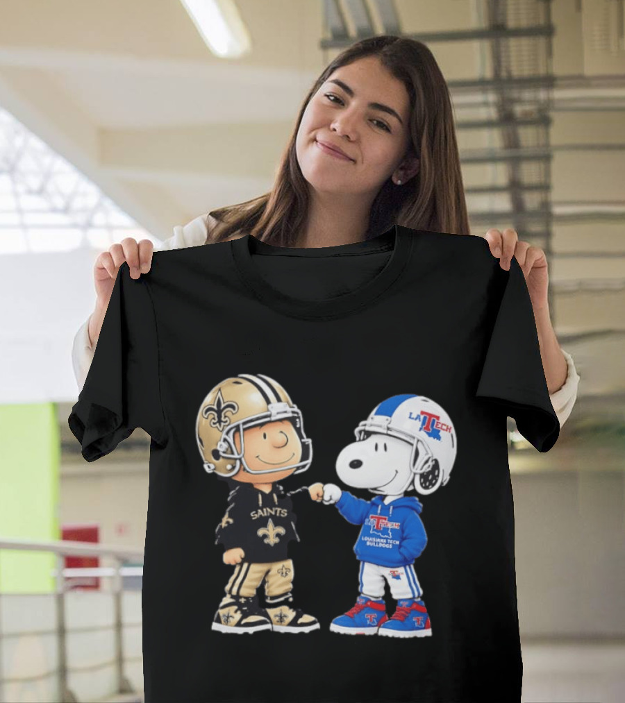 Charlie Brown Saints And Snoopy Louisiana Tech Bulldogs Team Helmet Fist Bump T-Shirt
