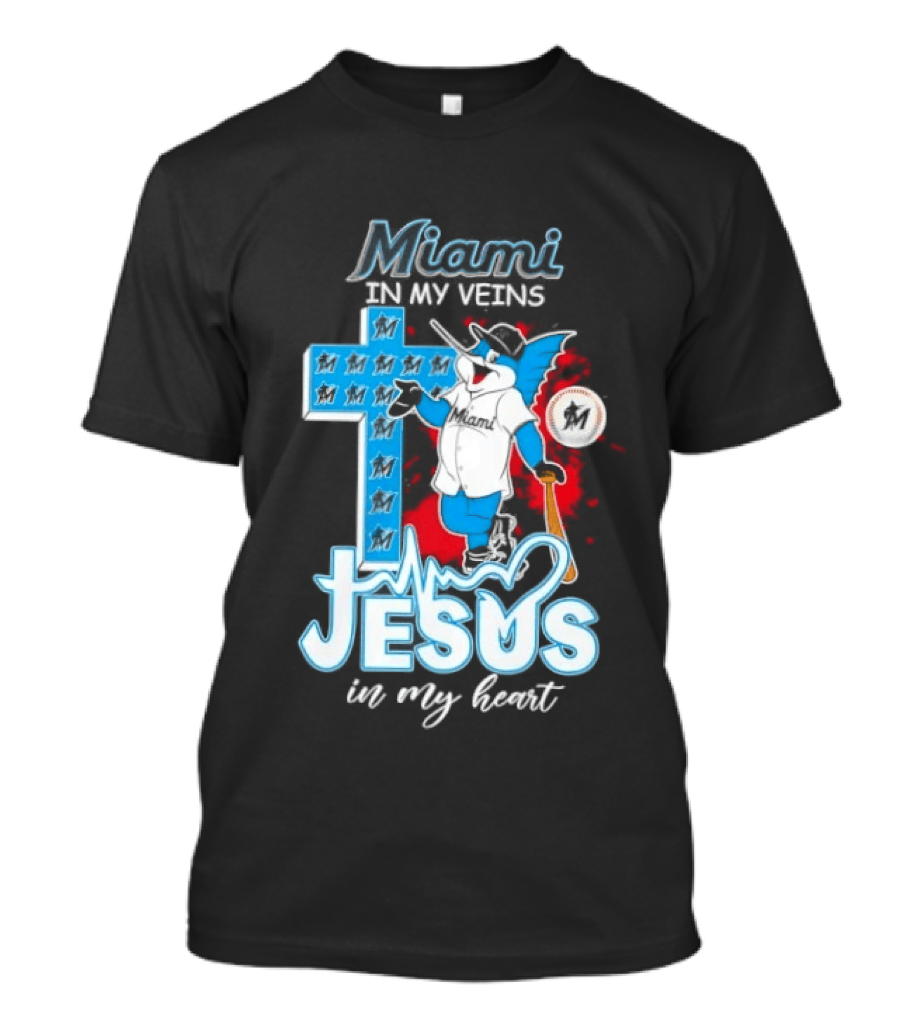 Miami Marlins In My Veins Jesus In My Heart Cross Baseball T-Shirt