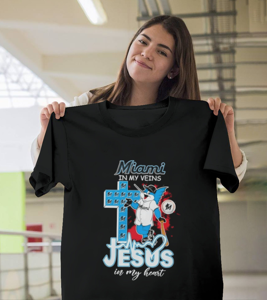 Miami Marlins In My Veins Jesus In My Heart Cross Baseball T-Shirt