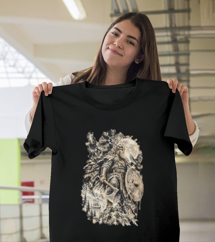 Norse God Viking Warrior Axe Valknut Symbol Raven Longship T-Shirt