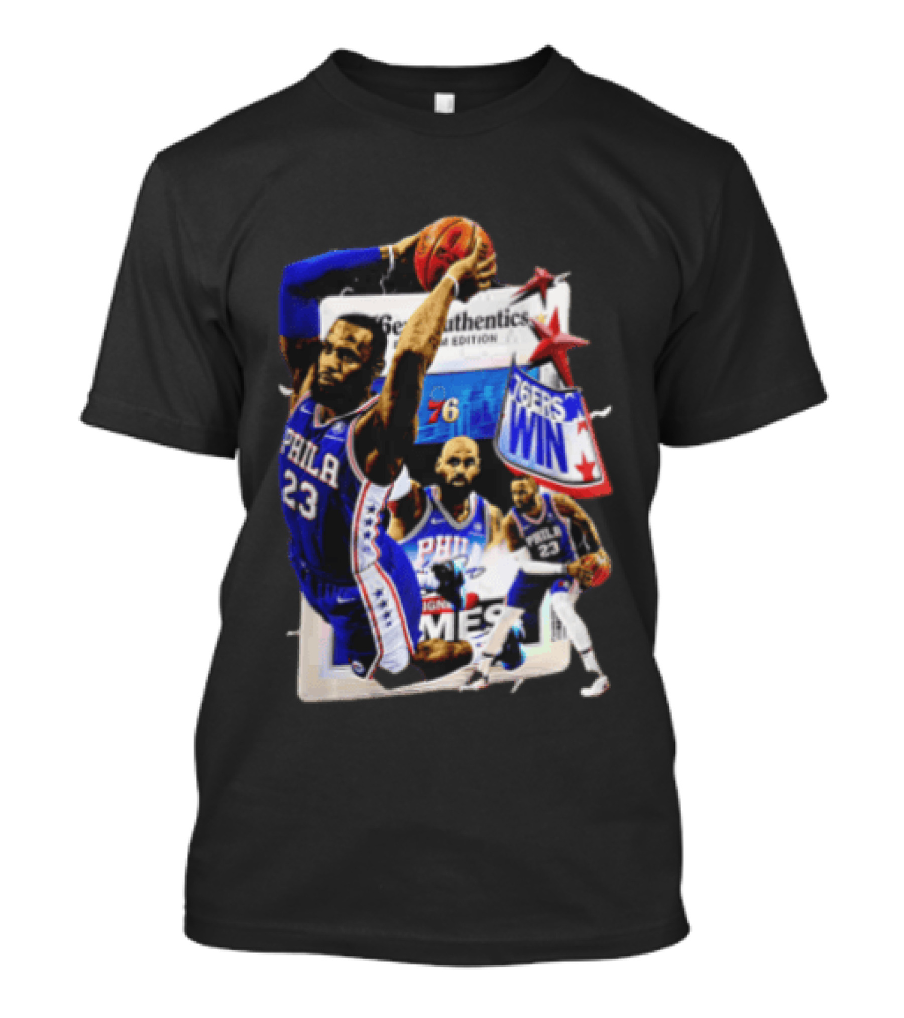 Philadelphia 76ers Lebron James Dunking Collage 76ers Win Edition T-Shirt