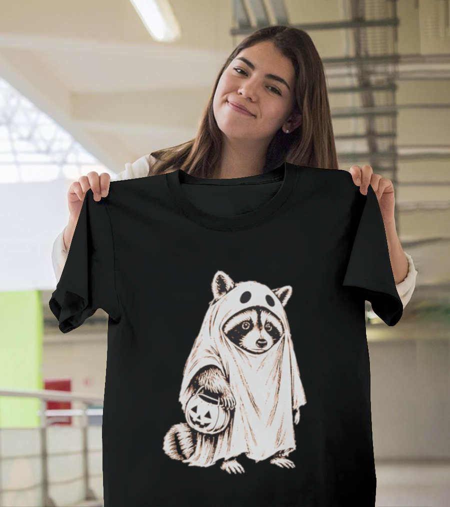 Raccoon Ghost Holding Pumpkin Bucket Halloween 2026 T-Shirt