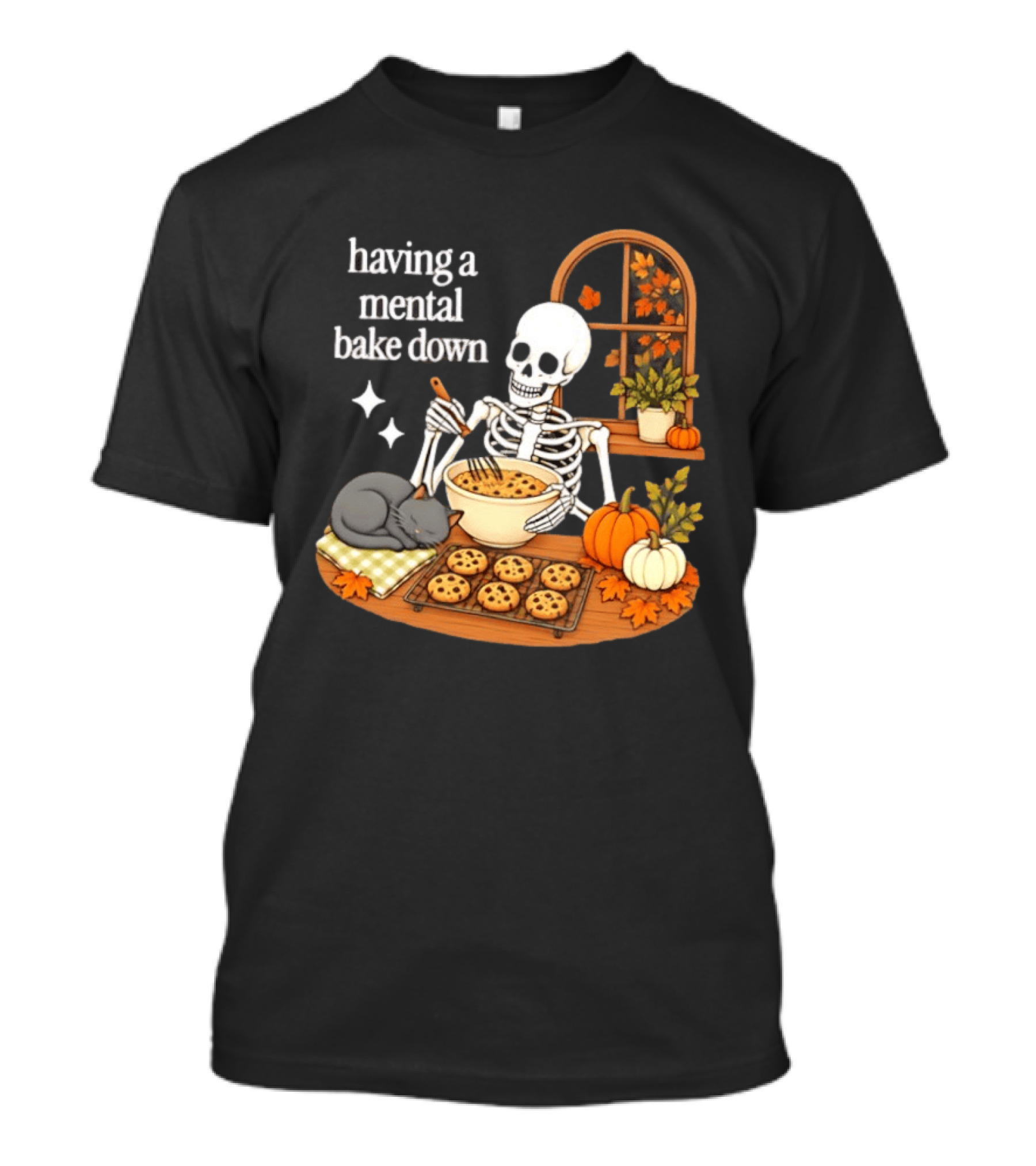 Having A Mental Bake Down Skeleton Baking With Cat And Pumpkins T-Shirt