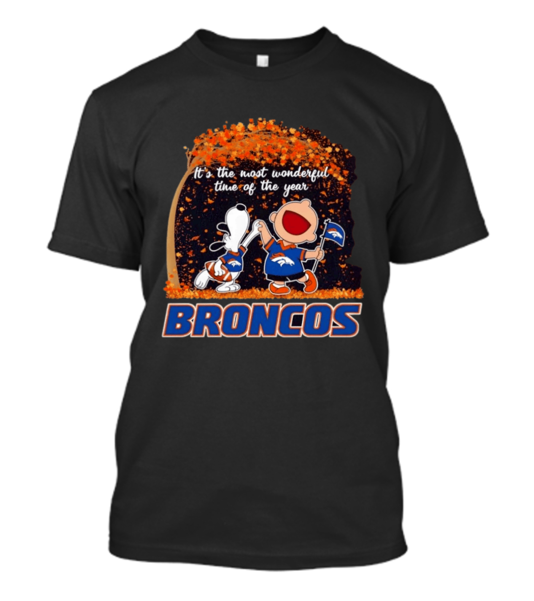 Snoopy And Charlie Brown Celebrating Denver Broncos It's The Most Wonderful Time Of The Year T-Shirt
