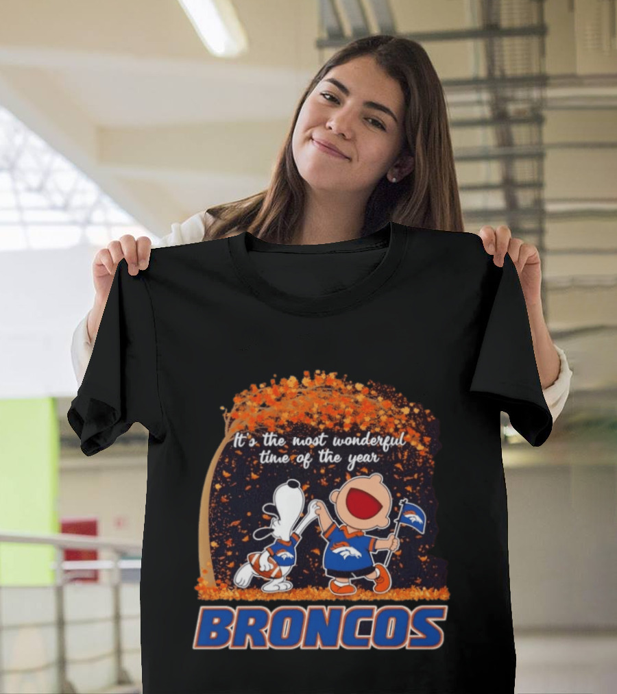 Snoopy And Charlie Brown Celebrating Denver Broncos It's The Most Wonderful Time Of The Year T-Shirt