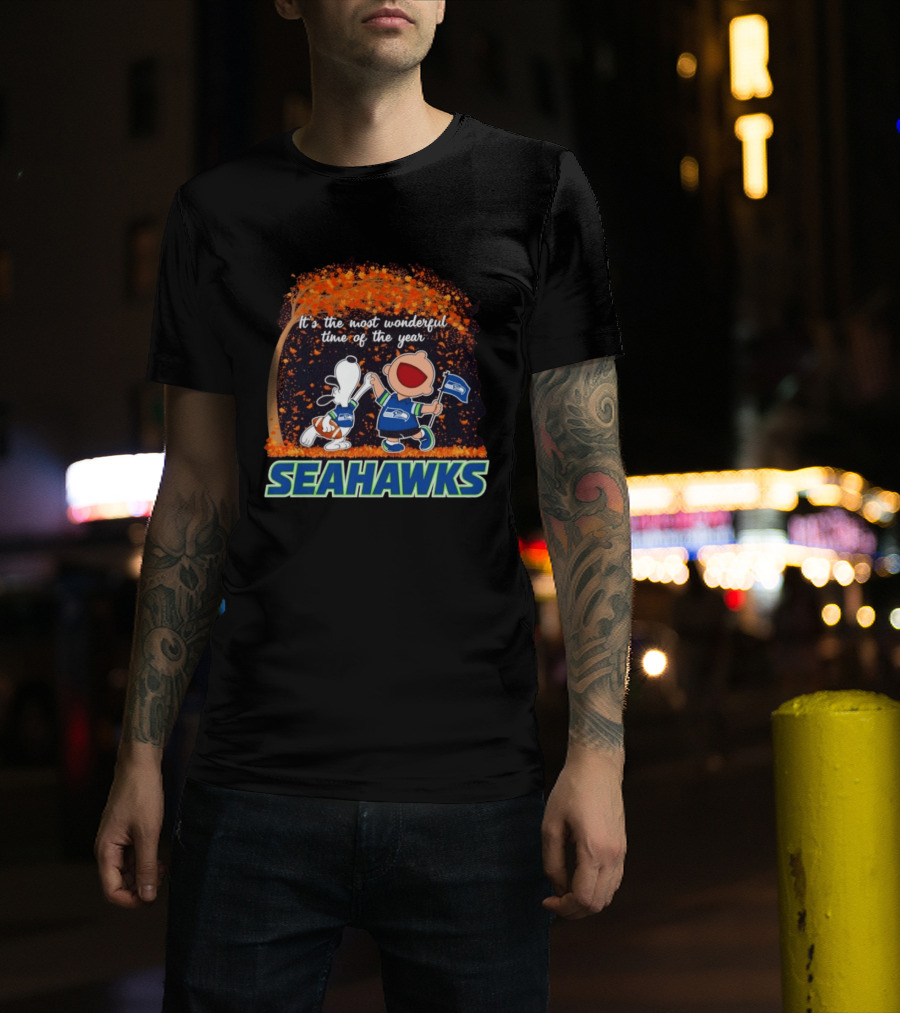 Snoopy And Charlie Brown Dancing Seattle Seahawks The Most Wonderful Time Of The Year T-Shirt