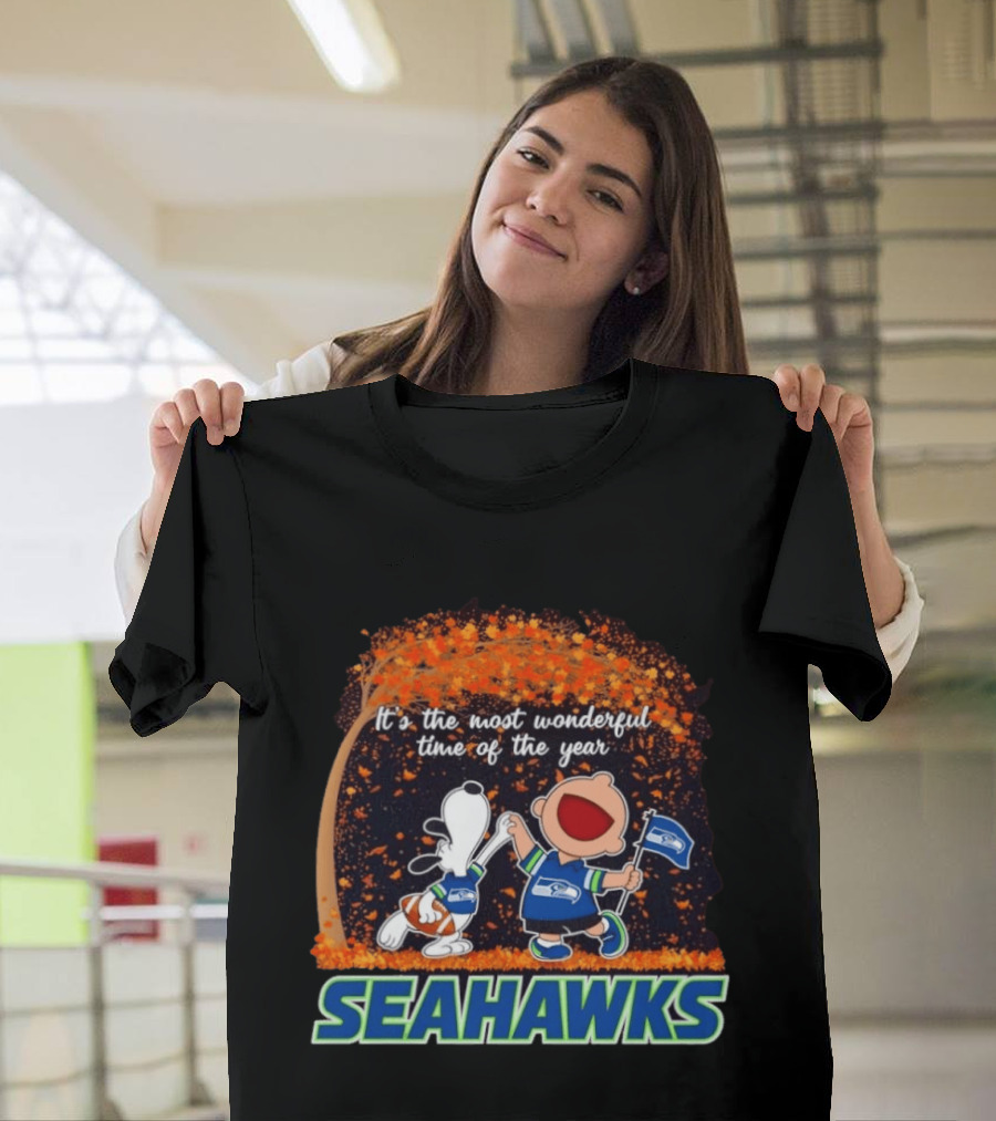 Snoopy And Charlie Brown Dancing Seattle Seahawks The Most Wonderful Time Of The Year T-Shirt