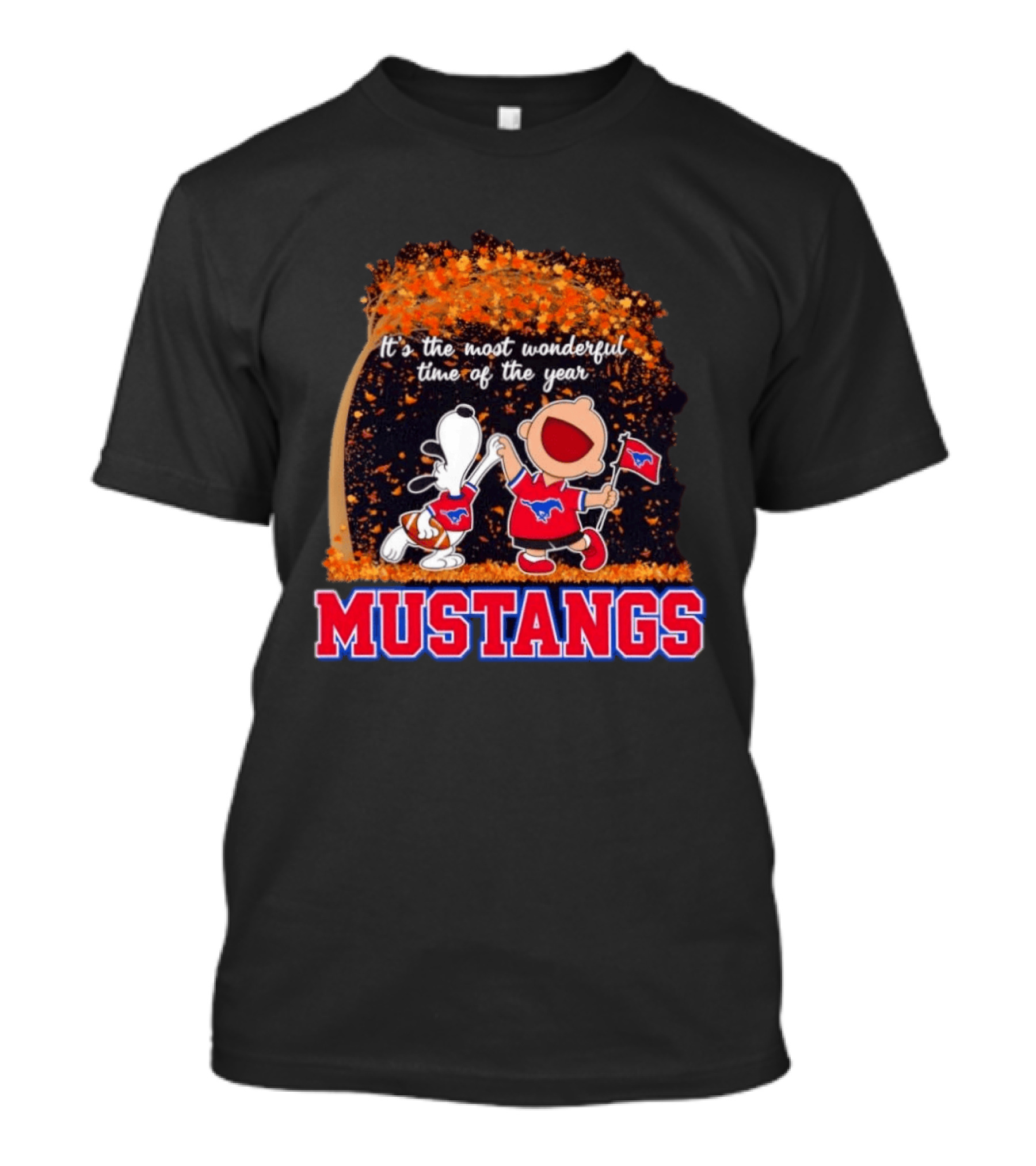 Snoopy And Charlie Brown Dancing SMU Mustangs It's The Most Wonderful Time Of The Year T-Shirt