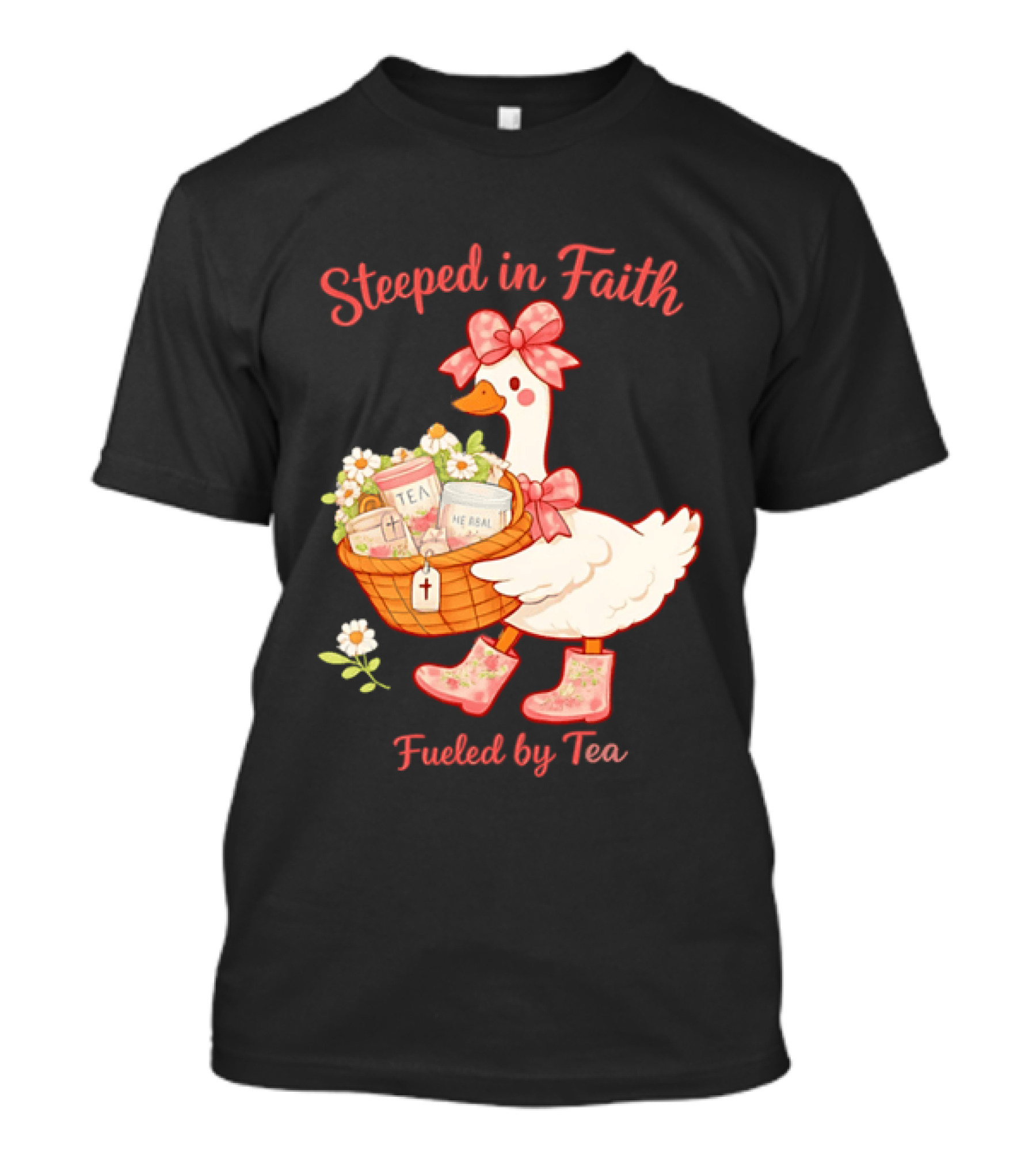 Steeped In Faith Fueled By Tea Goose With Basket And Flowers T-Shirt
