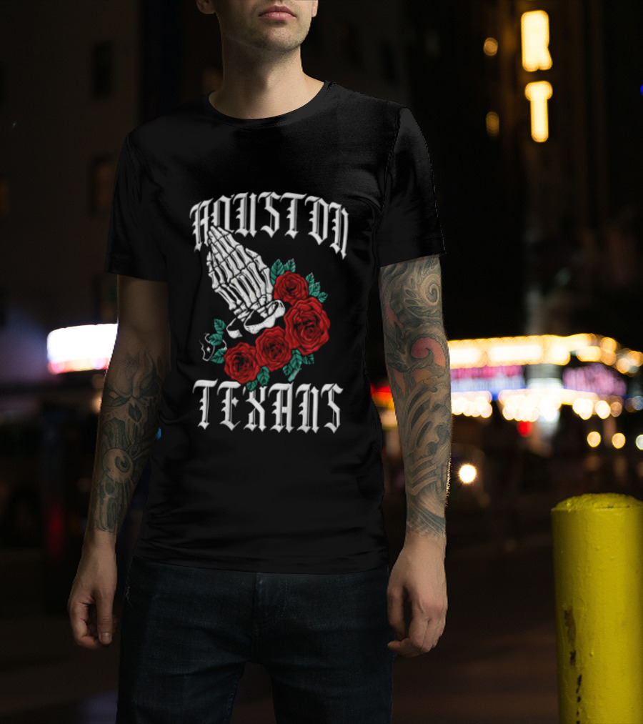 Houston Texans Praying Hands Red Roses Dia De Los Muertos T-Shirt