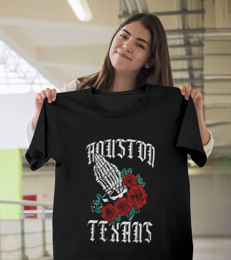 Houston Texans Praying Hands Red Roses Dia De Los Muertos T-Shirt