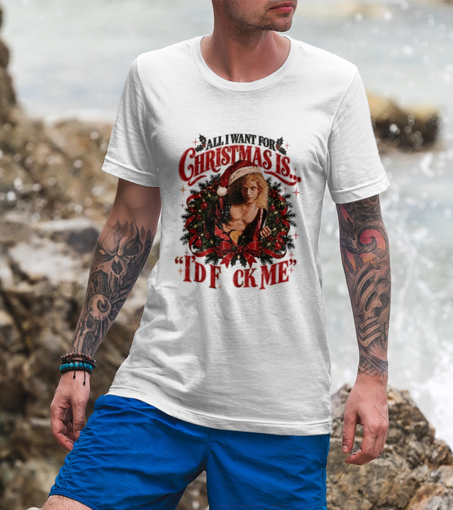 All I Want For Christmas Is I'd Fck Me Santa Hat Wreath Bow T-Shirt